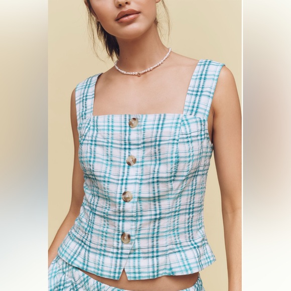 Anthropologie Maeve Plaid Skirt Set Tank + Midi Teal Green Blue Size M NWT - Picture 2 of 14